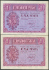 Conjunto de 2 billetes de 1 Peseta emitidos el 12 de Octubre de 1937 con la serie B y E, respectivamente. (Edifil 2017: 425a). Apresto orginal. SC-.