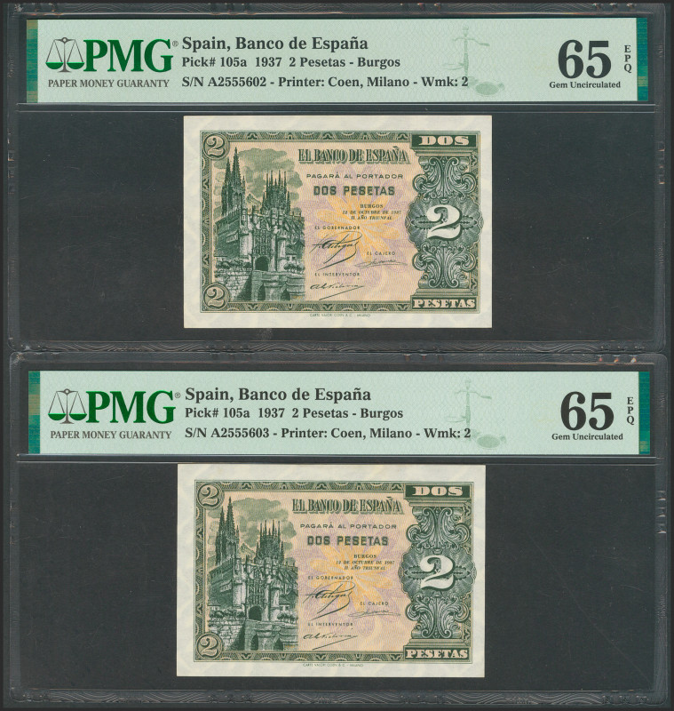 2 Pesetas. 12 de Octubre de 1937. Pareja correlativa. Serie A. (Edifil 2021: 426...