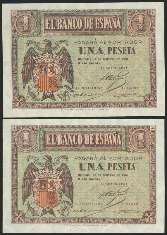 1 Peseta. 28 de Febrero de 1938. Pareja correlativa. Serie E. (Edifil 2021: 427a...