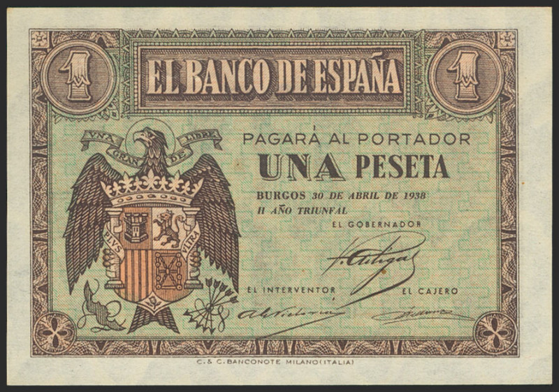 1 Peseta. 30 de Abril de 1938. Serie A. (Edifil 2021: 428). Apresto original. SC...