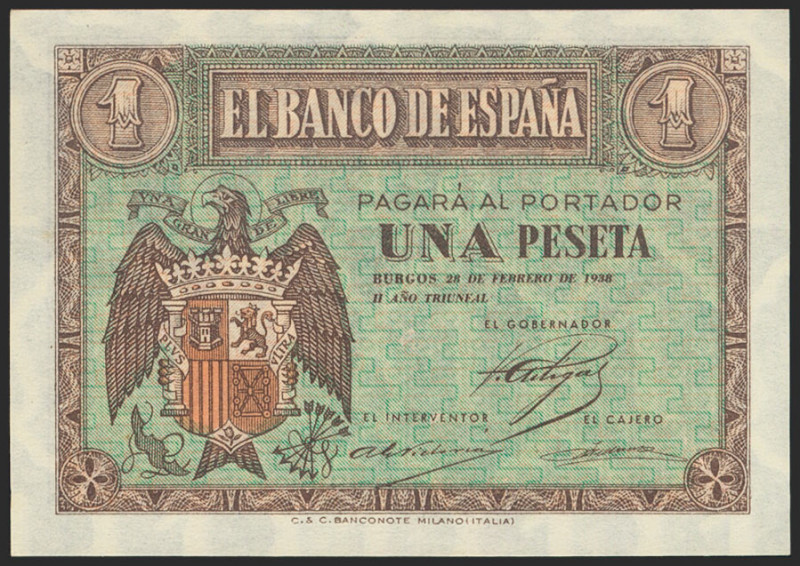 1 Peseta. 30 de Abril de 1938. Serie B. (Edifil 2021: 428a). Apresto original. S...