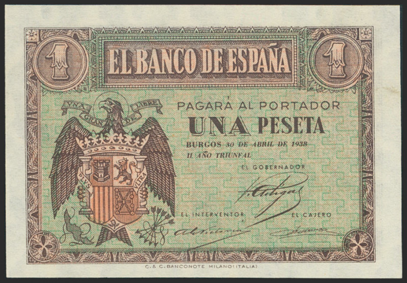 1 Peseta. 30 de Abril de 1938. Serie C. (Edifil 2021: 428a). Apresto original. S...