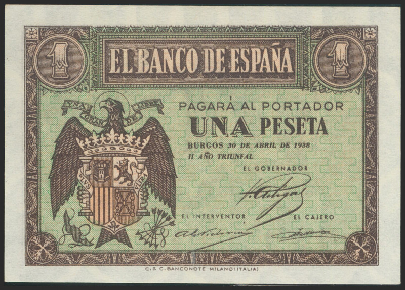 1 Peseta. 30 de Abril de 1938. Serie F. (Edifil 2017: 428a). Conserva todo su ap...