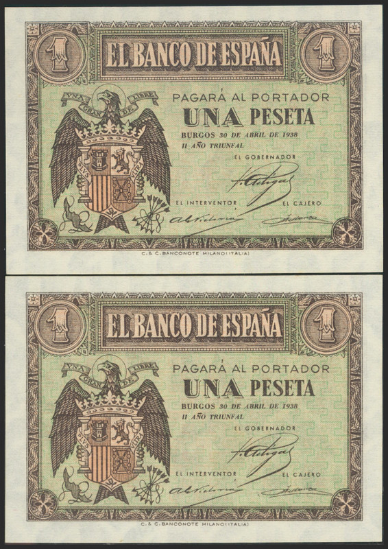 1 Peseta. 30 de Abril de 1938. Pareja correlativa. Serie G. (Edifil 2021: 428a)....