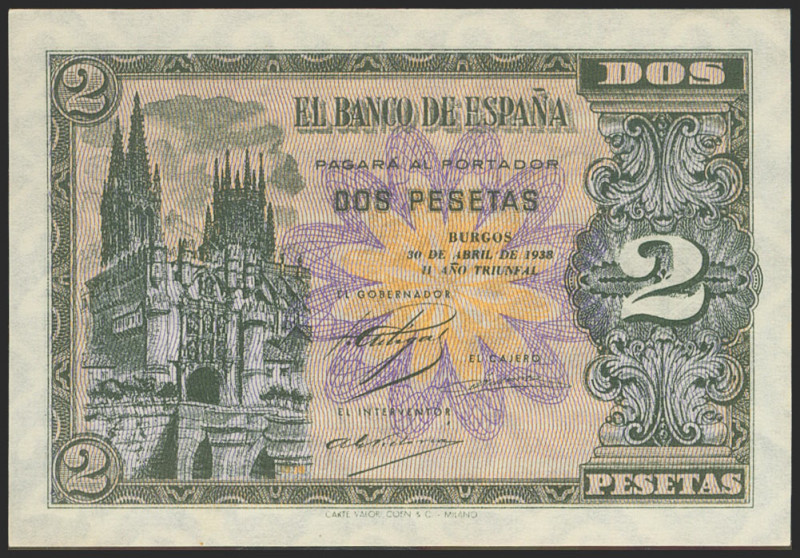 2 Pesetas. 30 de Abril de 1938. Serie C. (Edifil 2021: 429a). Apresto original. ...