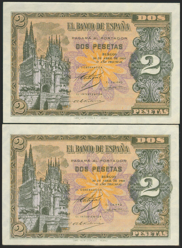 2 Pesetas. 30 de Abril de 1938. Pareja correlativa. Serie F. (Edifil 2021: 429a)...