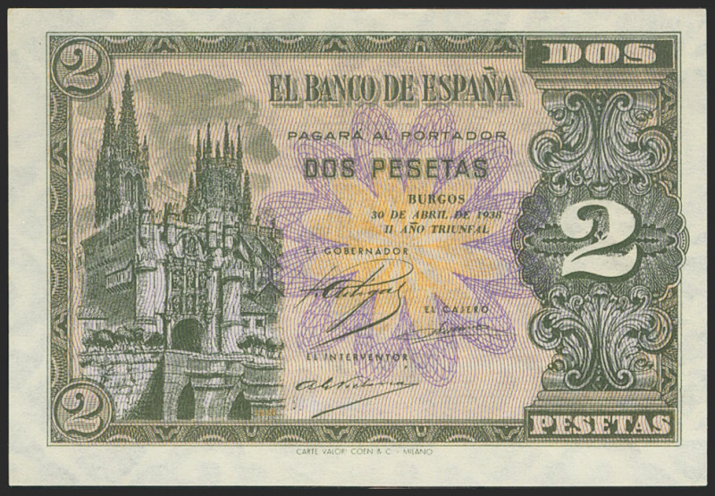 2 Pesetas. 30 de Abril de 1938. Serie H. (Edifil 2021: 429a). Apresto original. ...