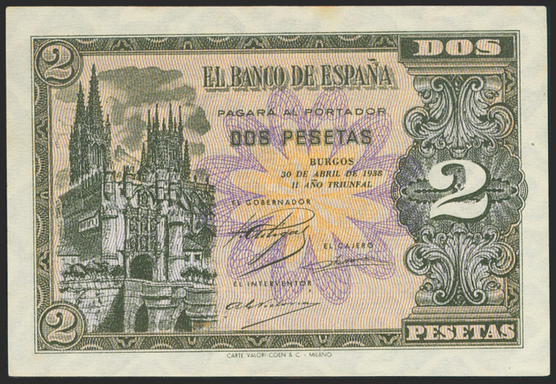 2 Pesetas. 30 de Abril de 1938. Serie N, última serie emitida. (Edifil 2021: 429...