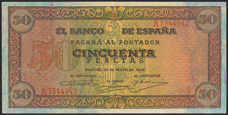 50 Pesetas. 20 de Mayo de 1938. Serie A. (Edifil 2021: 431). Conserva gran parte...