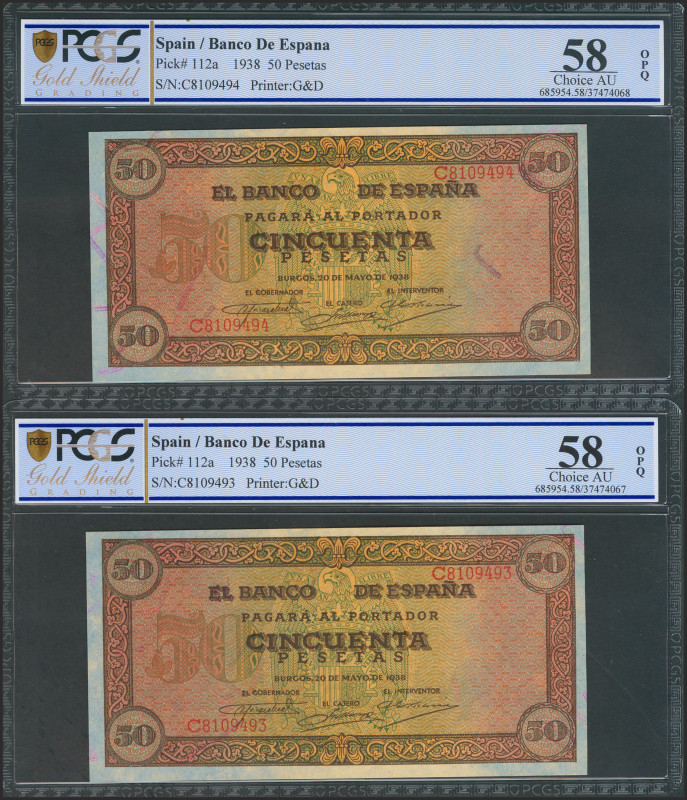 50 Pesetas. 20 de Mayo de 1938. Pareja correlativa. Serie C. (Edifil 2021: 431a)...