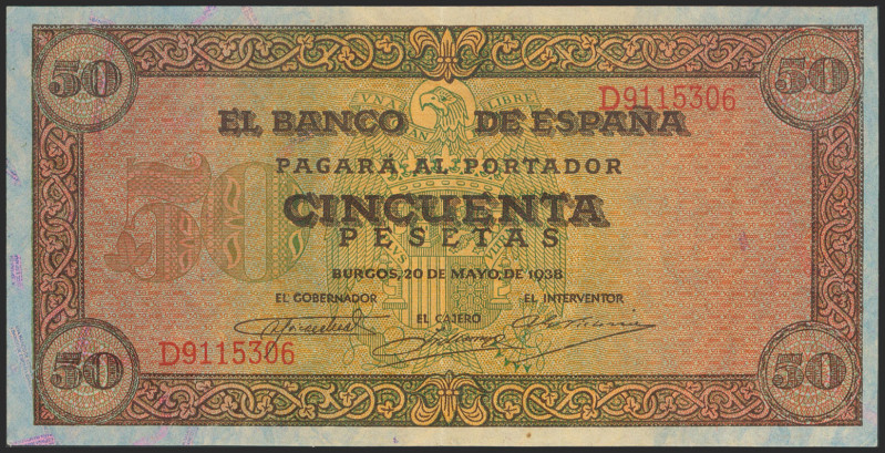 50 Pesetas. 20 de Mayo de 1938. Serie D. (Edifil 2021: 431a). Conserva gran part...