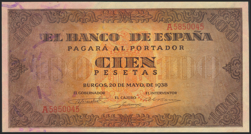 100 Pesetas. 20 de Mayo de 1938. Serie A. (Edifil 2021: 432). Apresto original. ...