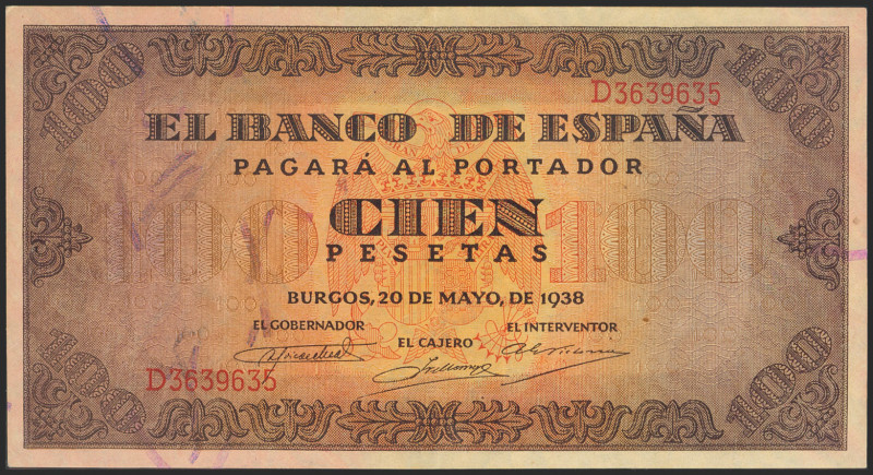 100 Pesetas. 20 de Mayo de 1938. Serie D. (Edifil 2021: 432a). Conserva gran par...