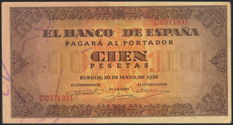 100 Pesetas. 20 de Mayo de 1938. Serie D. (Edifil 2021: 432a). Presenta algo de ...