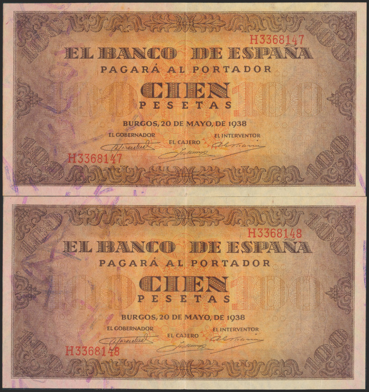 100 Pesetas. 20 de Mayo de 1938. Pareja correlativa. Serie H. (Edifil 2021: 432a...