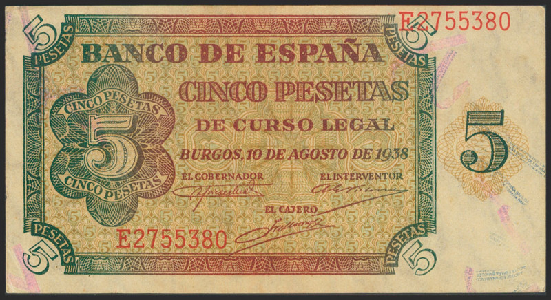 5 Pesetas. 10 de Agosto de 1938. Serie E. (Edifil 2021: 435a). Conserva todo su ...