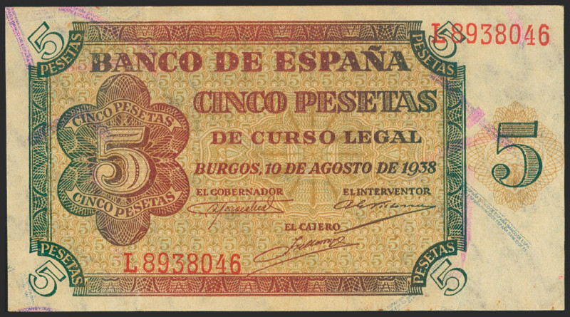 5 Pesetas. 10 de Agosto de 1938. Serie L. (Edifil 2021: 435a). Presenta gran par...