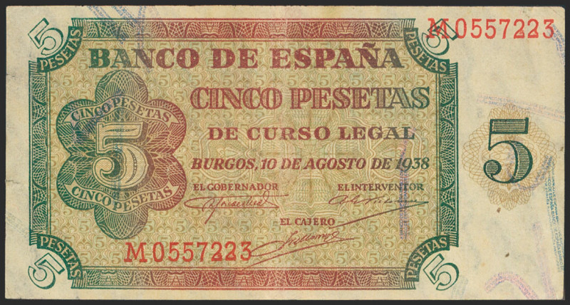 5 Pesetas. 10 de Agosto de 1938. Serie M. (Edifil 2021: 435b). Raro, conserva gr...