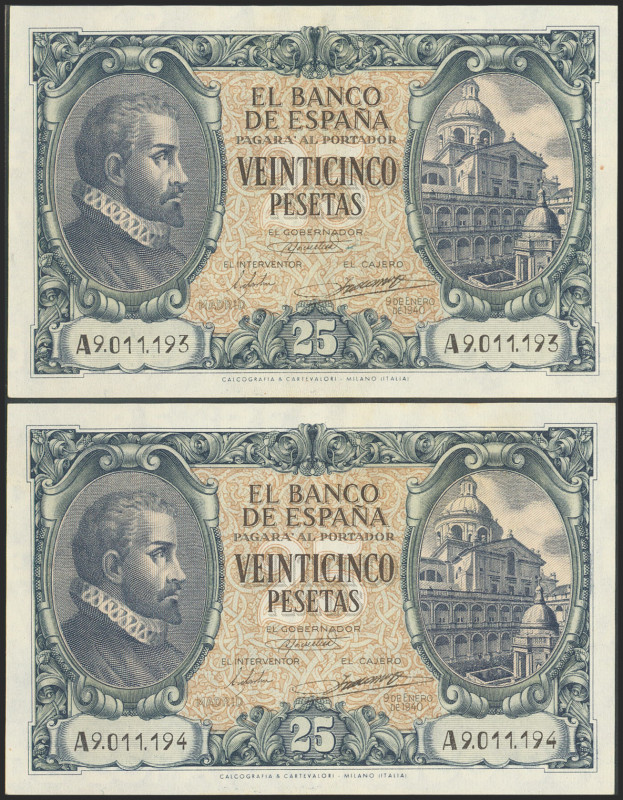 25 Pesetas. 9 de Enero de 1940. Pareja correlativa. Serie A. (Edifil 2021: 436)....