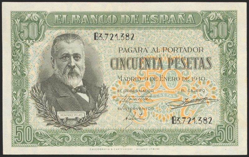 50 Pesetas. 9 de Enero de 1940. Serie B. (Edifil 2021: 437). Conserva gran parte...