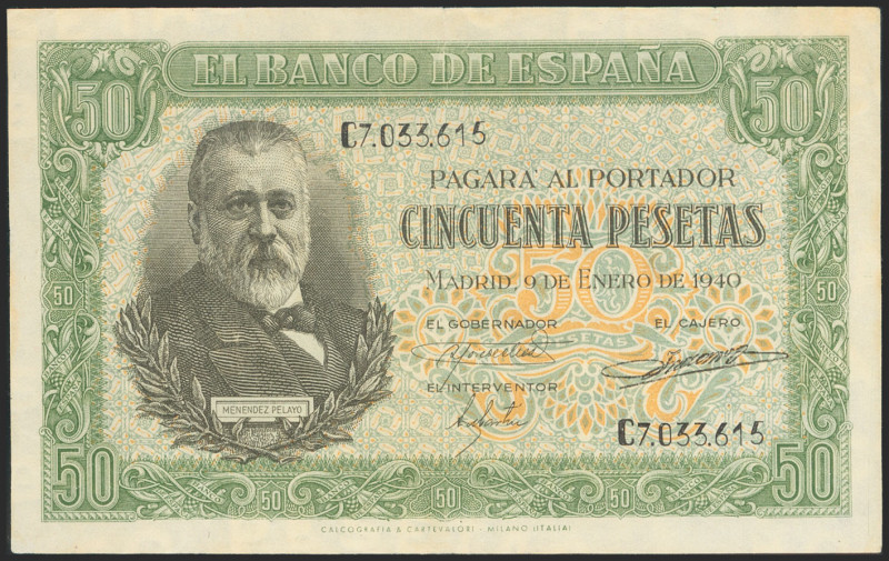 50 Pesetas. 9 de Enero de 1940. Serie C. (Pick: 117a, Edifil: 437a). Presenta gr...