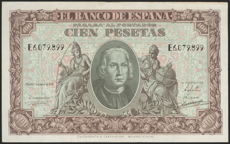 100 Pesetas. 9 de Enero de 1940. Serie E. (Edifil 2021: 438a). Conserva gran par...