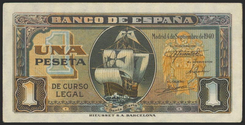 1 Peseta. 4 de Septiembre de 1940. Sin serie. (Edifil 2021: 442). Apresto origin...