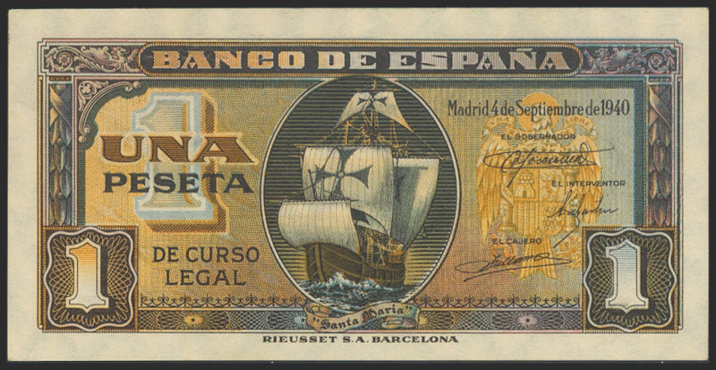 1 Peseta. 4 de Septiembre de 1940. Serie B. (Edifil 2021: 442a). Apresto origina...