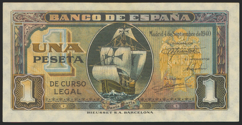 1 Peseta. 4 de Septiembre de 1940. Serie D. (Edifil 2021: 442a). Apresto origina...