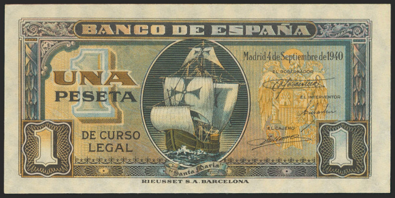 1 Peseta. 4 de Septiembre de 1940. Serie E. (Edifil 2021: 442a). Apresto origina...