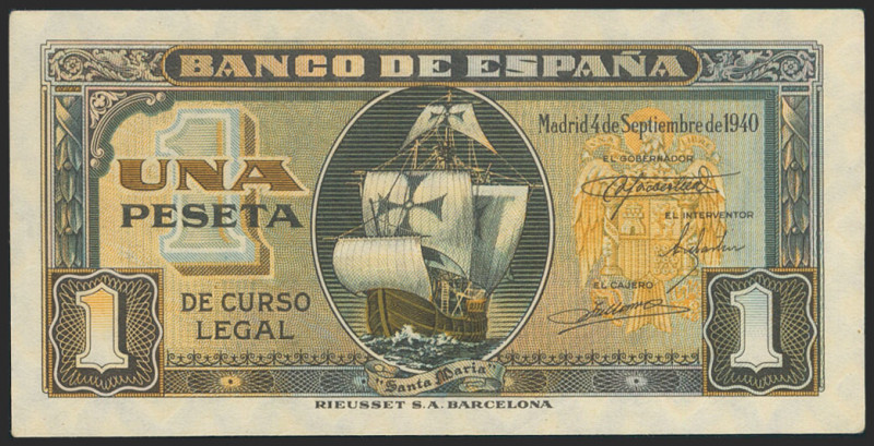 1 Peseta. 4 de Septiembre de 1940. Serie F. (Edifil 2021: 442a). Apresto origina...