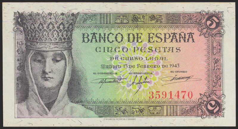 5 Pesetas. 13 de Febrero de 1943. Sin serie. (Edifil 2021: 446). Conserva gran p...