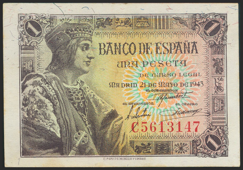 1 Peseta. 21 de Mayo de 1943. Serie C. (Edifil 2021: 447a). Apresto original. SC...