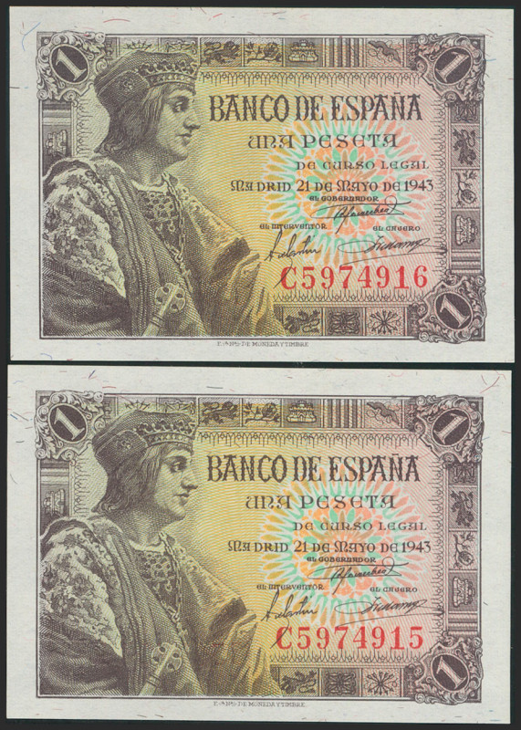 1 Peseta. 21 de Mayo de 1943. Pareja correlativa. Serie C. (Edifil 2021: 447a). ...