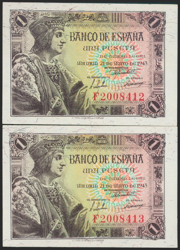 1 Peseta. 21 de Mayo de 1943. Pareja correlativa. Serie F. (Edifil 2021: 447a). ...