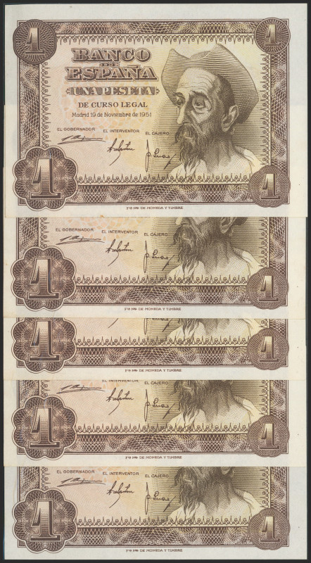 Conjunto de 5 billetes correlativos de 1 Peseta emitidos el 21 de Mayo de 1943 c...