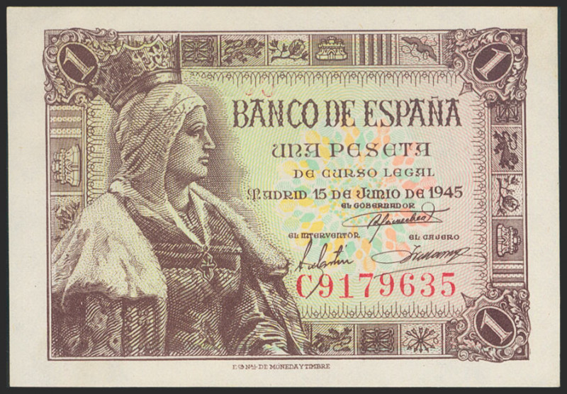 1 Peseta. 15 de Junio de 1945. Serie C. (Edifil 2021: 448a). Apresto original. S...