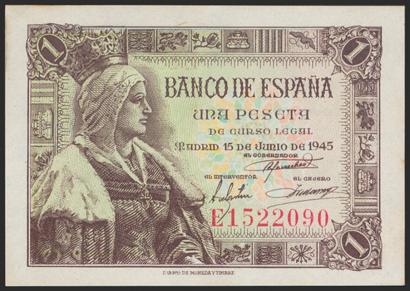 1 Peseta. 15 de Junio de 1945. Serie E. (Edifil 2021: 448a). Conserva gran parte...