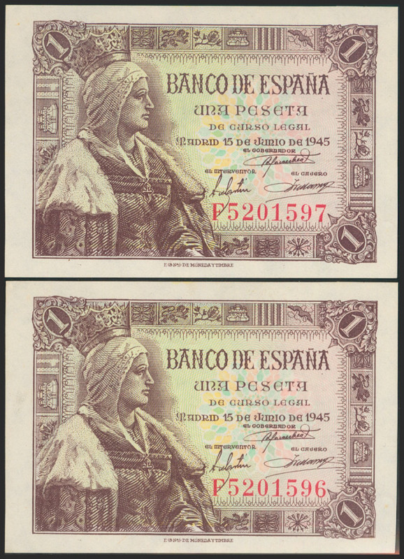 1 Peseta. 15 de Junio de 1945. Pareja correlativa. Serie F. (Edifil 2021: 448a)....