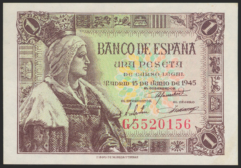 1 Peseta. 15 de Junio de 1945. Serie G. (Edifil 2021: 448a). Apresto original. S...