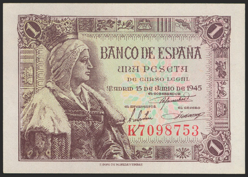 1 Peseta. 15 de Junio de 1945. Serie K. (Edifil 2021: 448a). Apresto original. S...