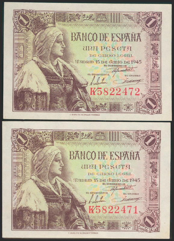 1 Peseta. 15 de Junio de 1945. Pareja correlativa. Serie K. (Edifil 2021: 448a)....