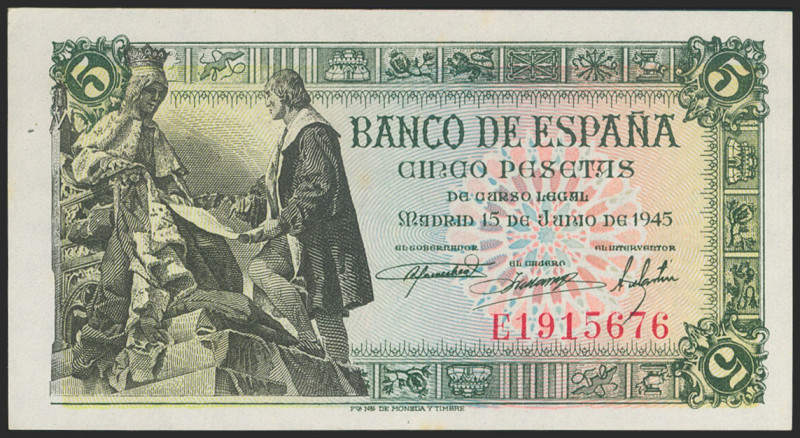 5 Pesetas. 15 de Junio de 1945. Serie E. (Edifil 2021: 449a). Conserva gran part...