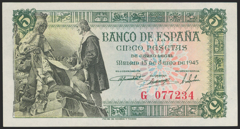 5 Pesetas. 15 de Junio de 1945. Serie G. (Edifil 2021: 449a). Conserva gran part...