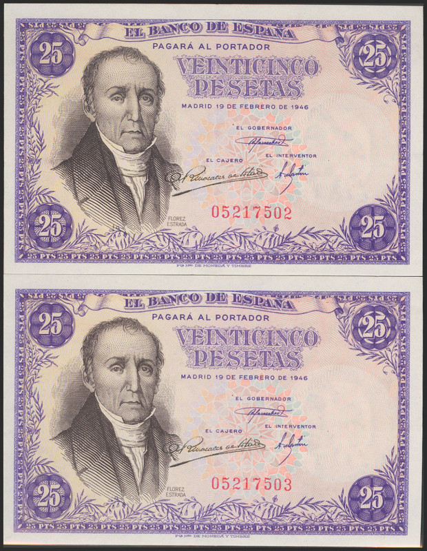 25 Pesetas. 16 de Febrero de 1946. Pareja correlativa. Sin serie. (Edifil 2021: ...