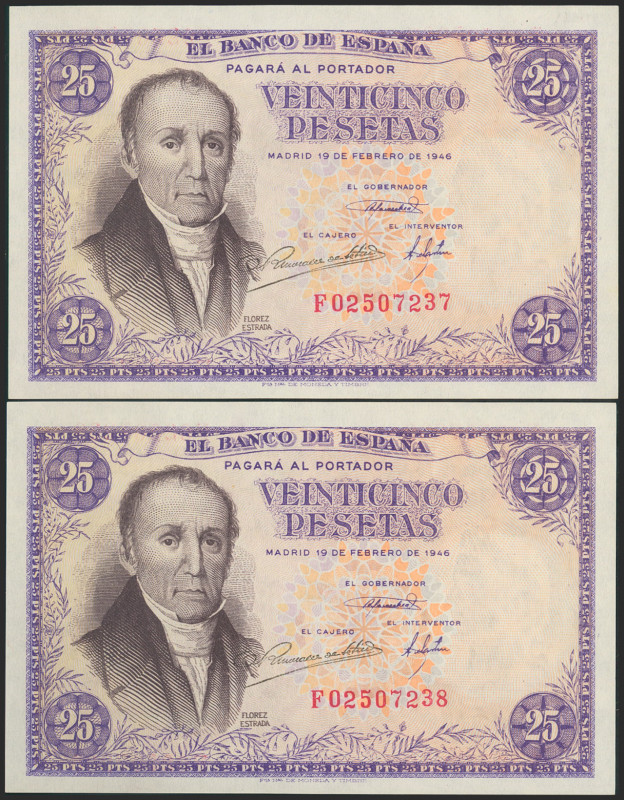 25 Pesetas. 19 de Febrero de 1946. Pareja correlativa. Serie F. (Edifil 2021: 45...