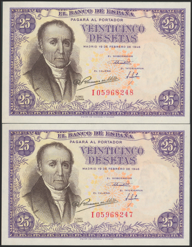 25 Pesetas. 19 de Febrero de 1946. Pareja correlativa. Serie I. (Edifil 2017: 45...