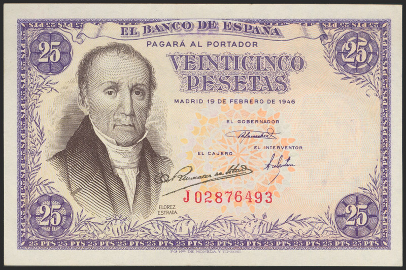 25 Pesetas. 19 de Febrero de 1946. Serie J. (Edifil 2021: 450a). Conserva gran p...