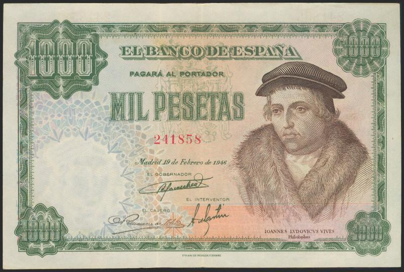 1000 Pesetas. 19 de Febrero de 1946. Sin serie. (Edifil 2021: 453). Presenta par...