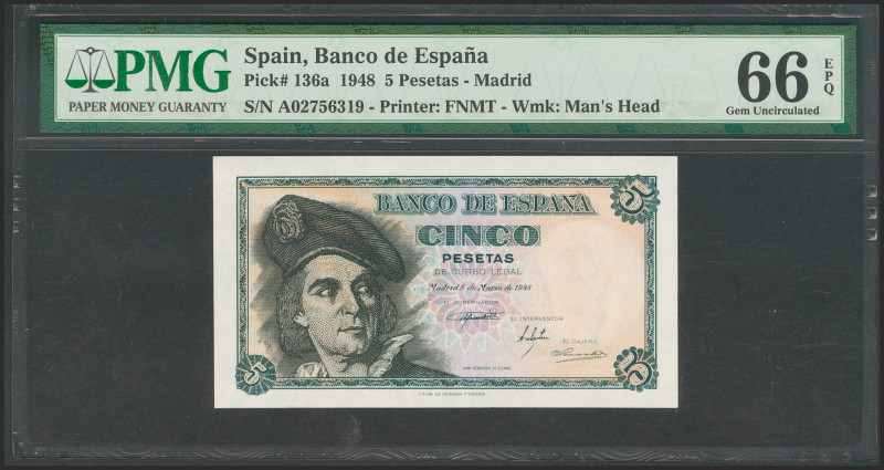 5 Pesetas. 5 de Marzo de 1948. Serie A. (Edifil 2021: 455a). Apresto original. S...